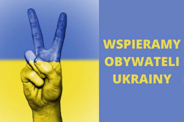 niebiesko-żółte tło, napis Wspieramy obywateli Ukrainy