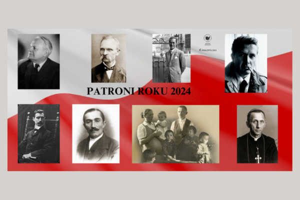 na biało-czerwonym tle zdjęcia różnych osób i podpis Patroni Roku 2024