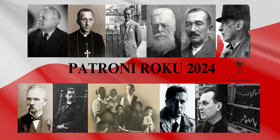 Patroni Roku 2024 na tle flagi polskiej