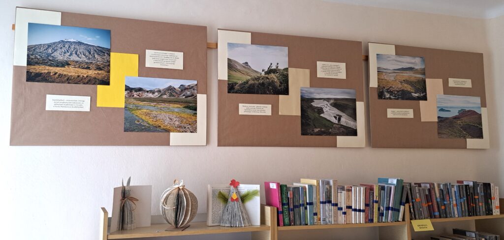 Fragment ściany z książkami a nad nimi wiszące antyramy z fotografiami