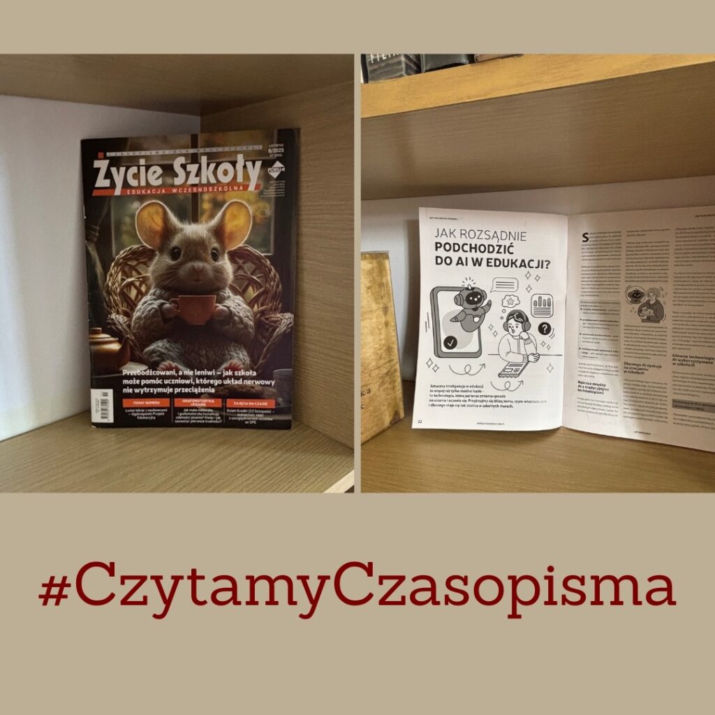 po prawej czasopismo ustawione na półce, po prawej otwarty artykuł w czasopiśmie, pod spodem napis #czytamyCzasopisma