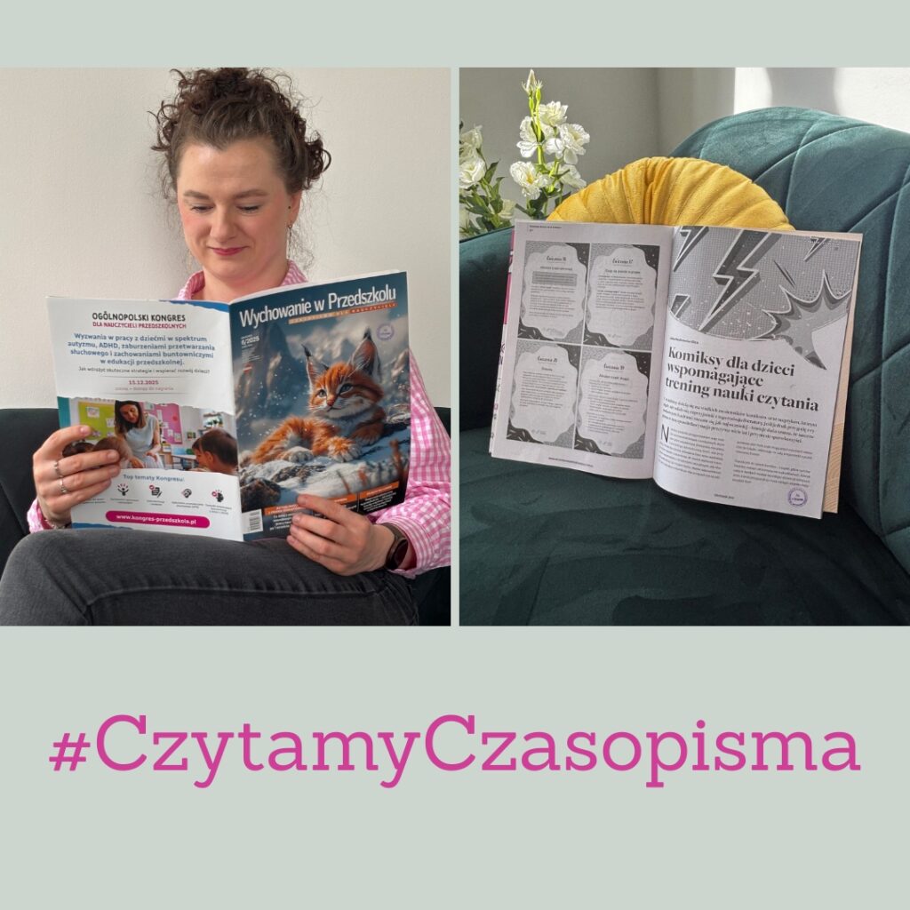 po lewej kobieta czytająca czasopismo, po prawej otwarte czasopismo oparte o kanapę pod spodem napis #czytamy czasopisma